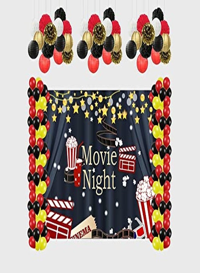 Theme My Party Combo Kit -Movie Theme Decoration Kit with Backdrop,Balloons and Pom Pom/Lanterns (4ft X 4ft) - Image 1